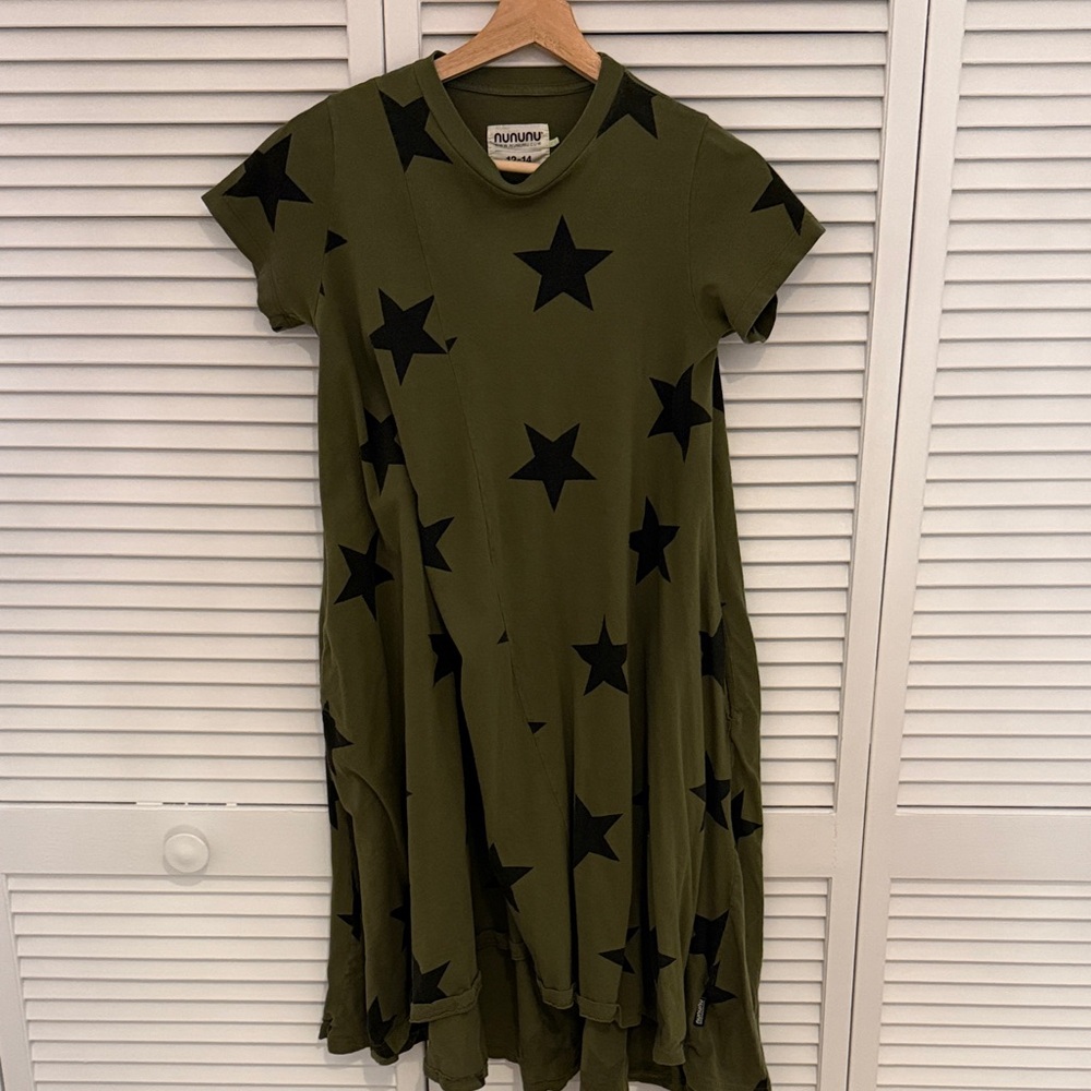 nununu Olive Green Dress with Black Star Pattern
